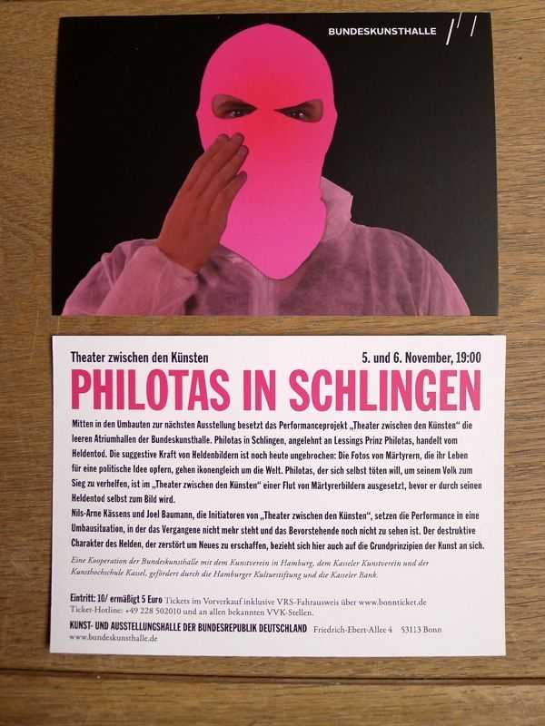 Bundeskunsthalle – Theater zwischen den Künsten: »Philotas in Schlingen« | Flyer (invitation card) | © ambulantdesign Gabriele Götz